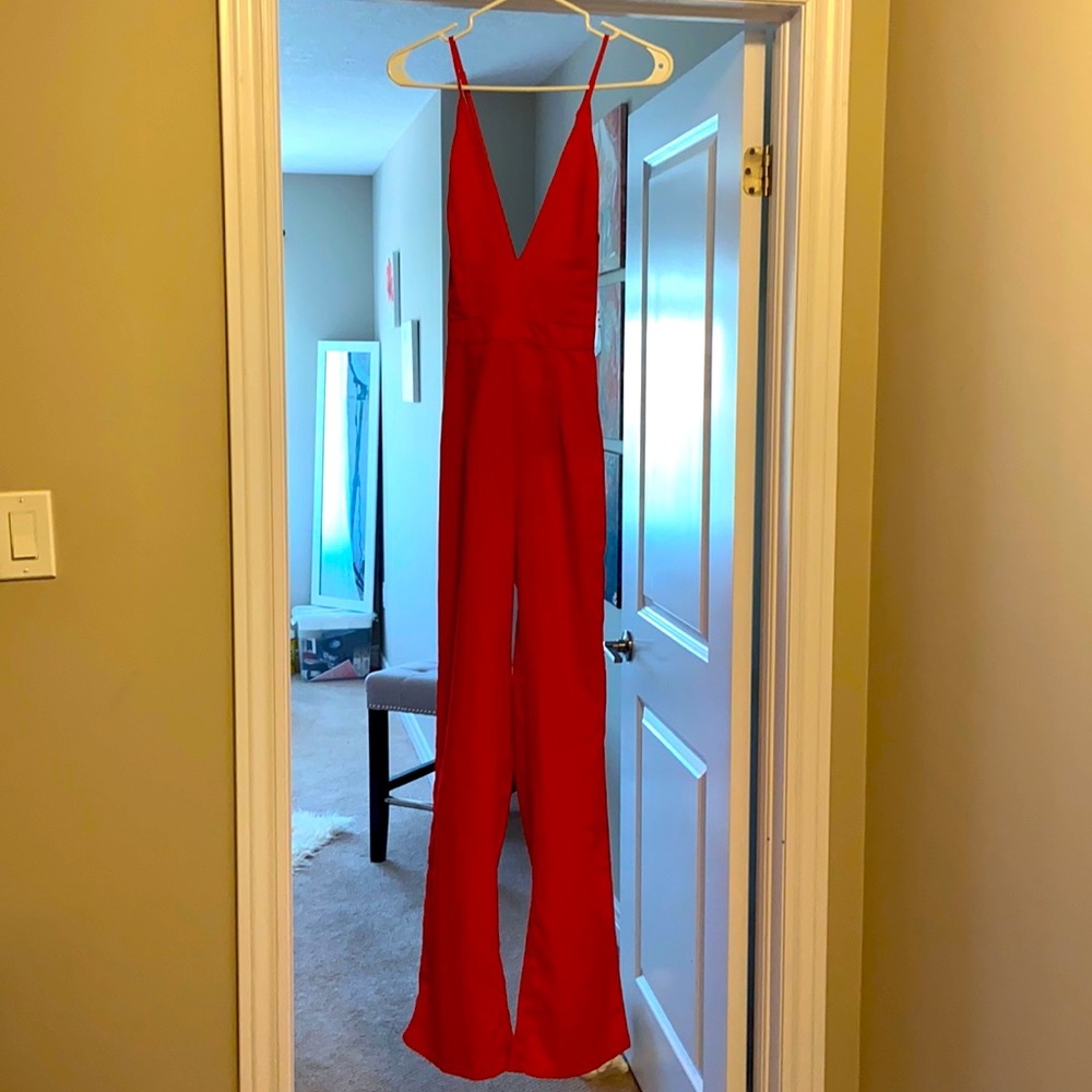 Red jump suit wide leg clinched waist